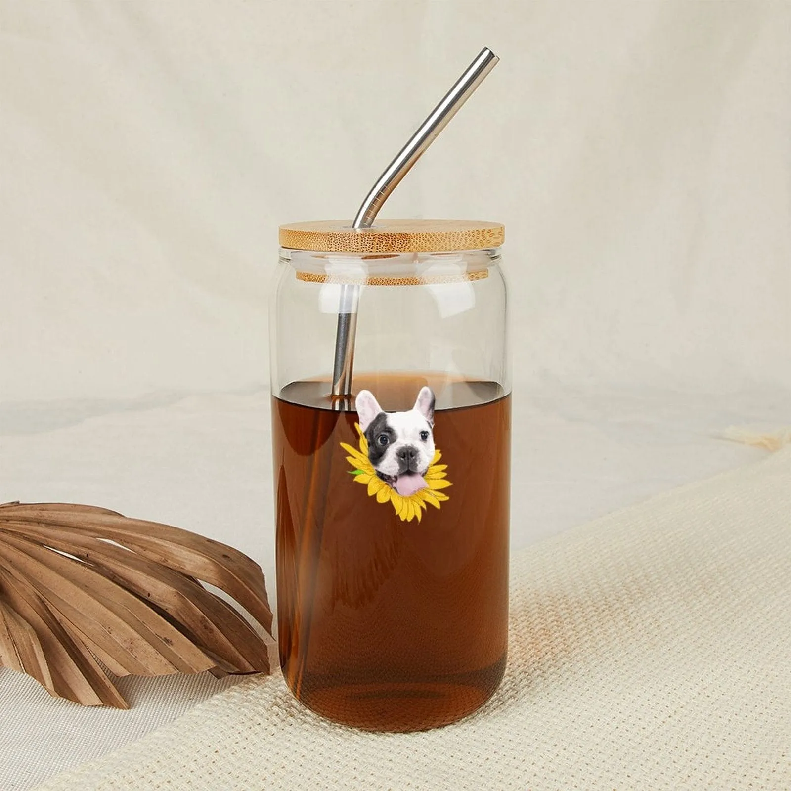 Custom Pet Face 17OZ Glass Cup with Bamboo Lid Personalized Coffee Cup