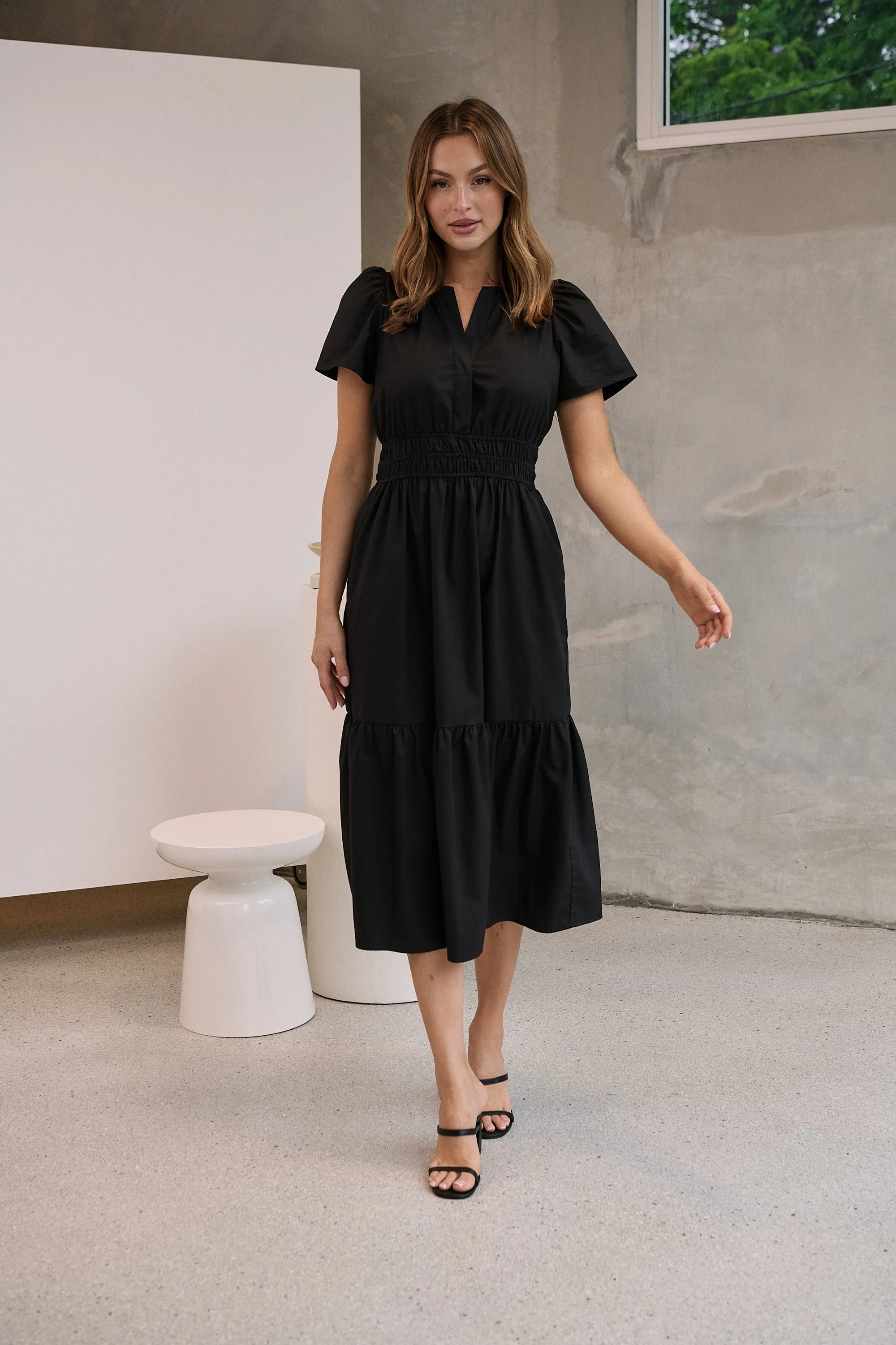 Cyrene Short Sleeve Collared Black Midi Dress