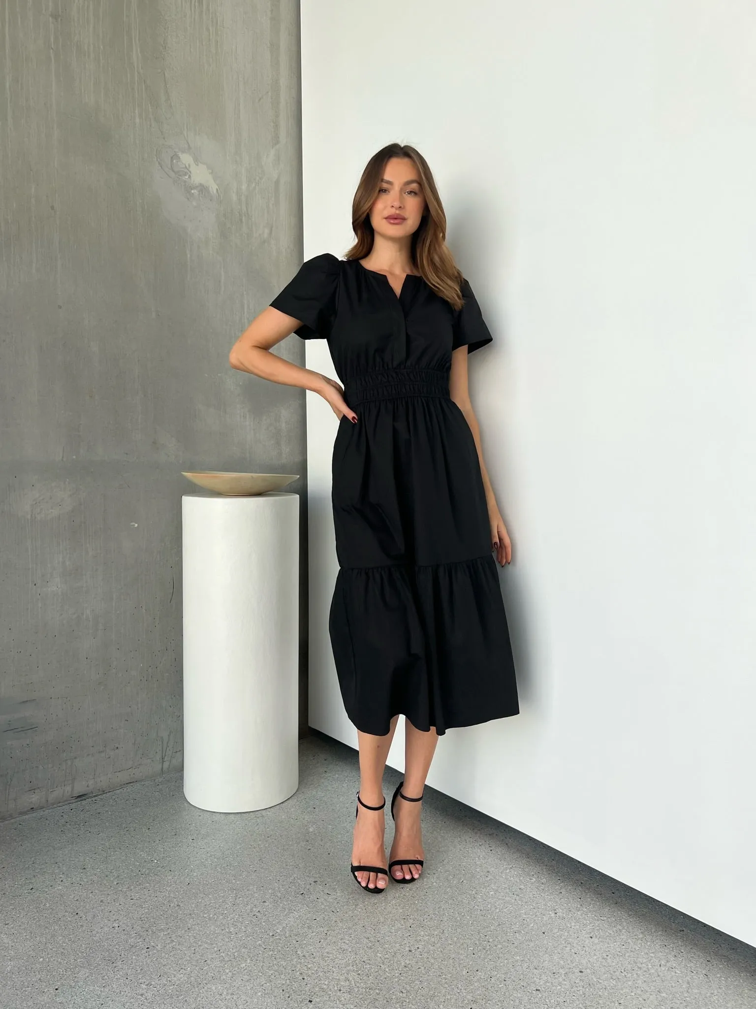 Cyrene Short Sleeve Collared Black Midi Dress