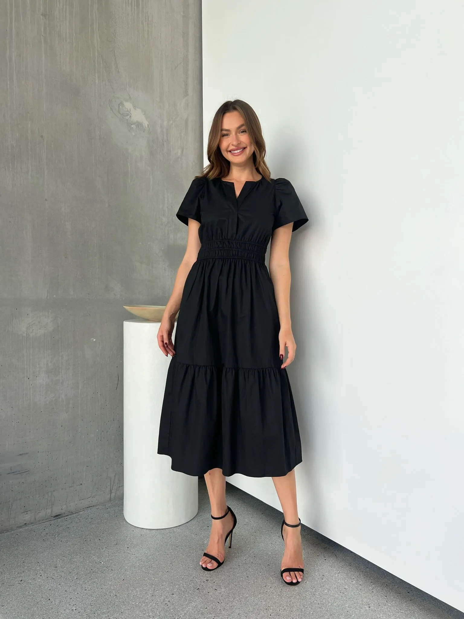 Cyrene Short Sleeve Collared Black Midi Dress