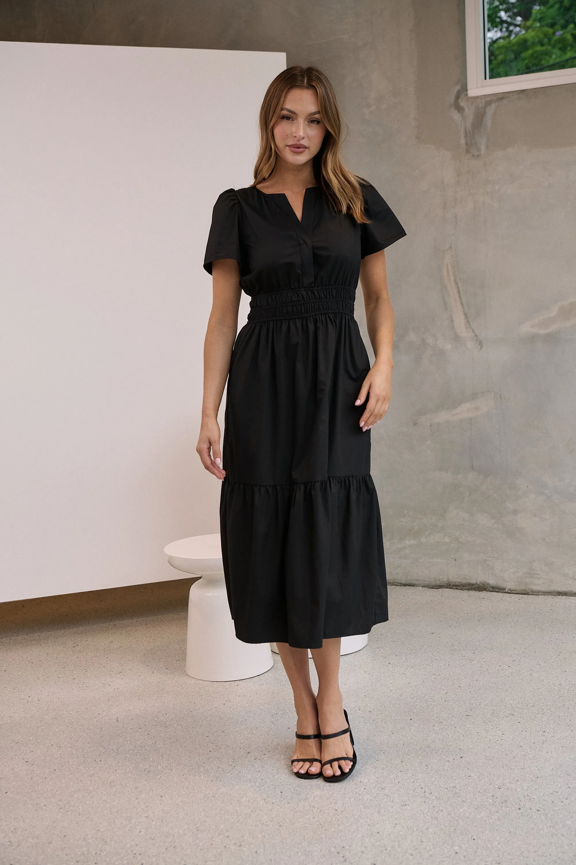 Cyrene Short Sleeve Collared Black Midi Dress