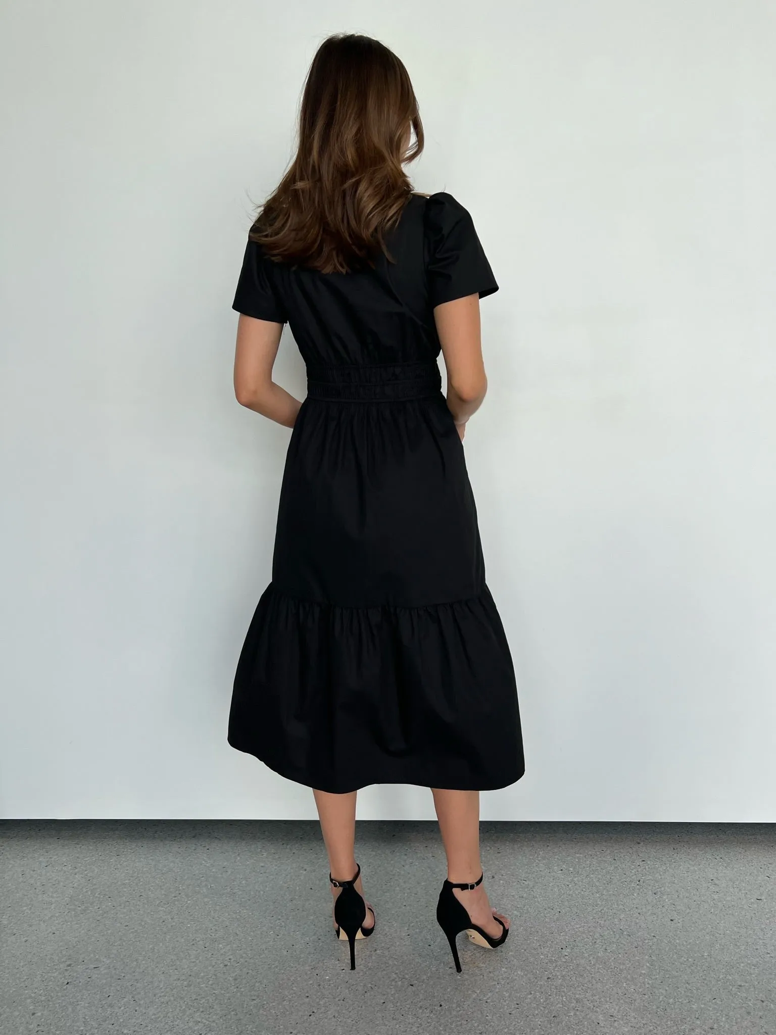 Cyrene Short Sleeve Collared Black Midi Dress