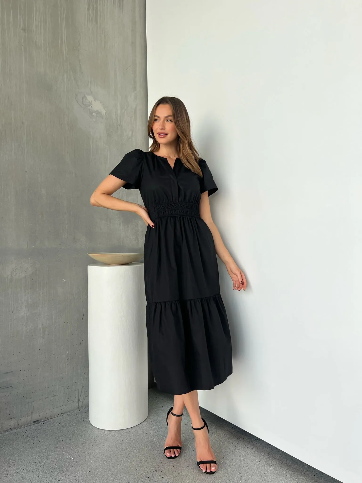 Cyrene Short Sleeve Collared Black Midi Dress