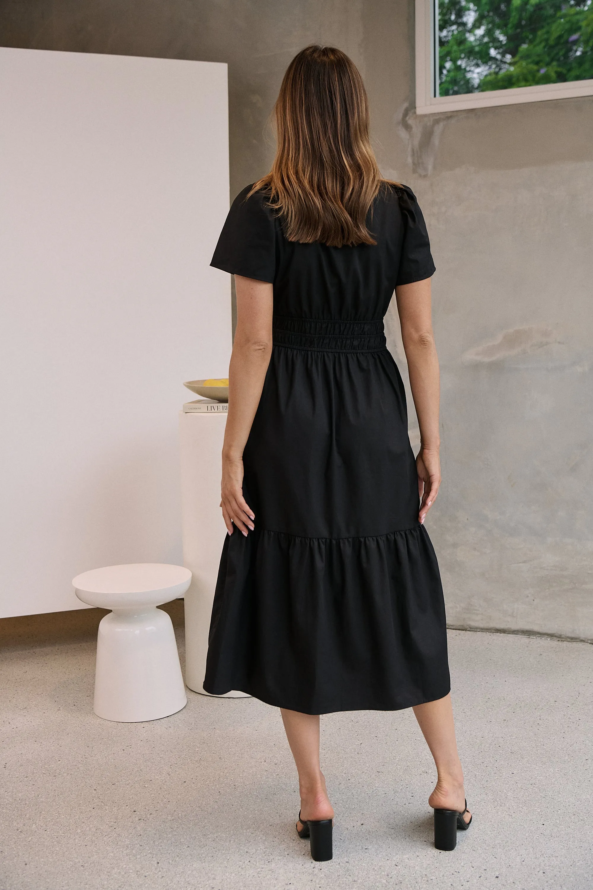 Cyrene Short Sleeve Collared Black Midi Dress