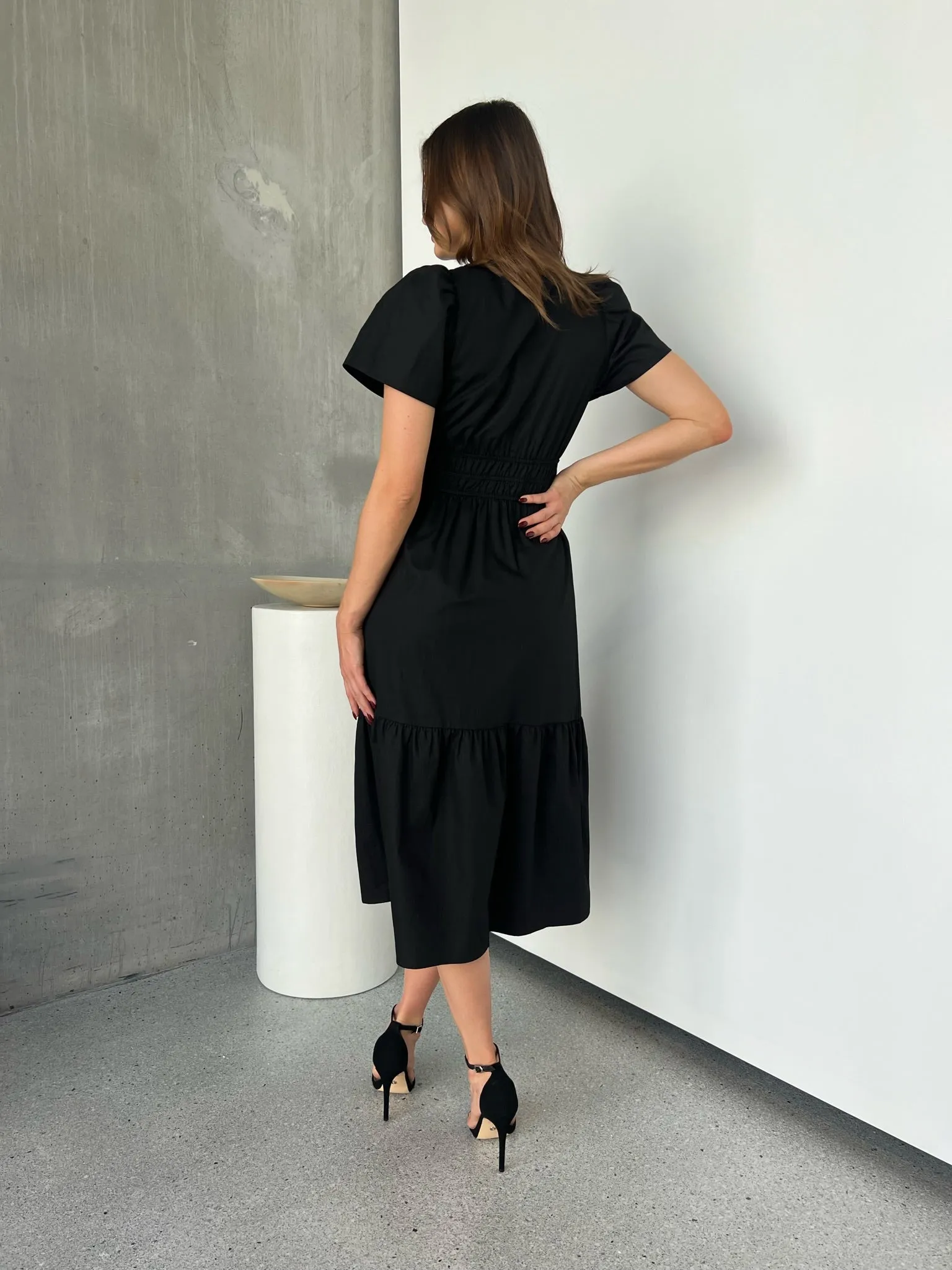 Cyrene Short Sleeve Collared Black Midi Dress