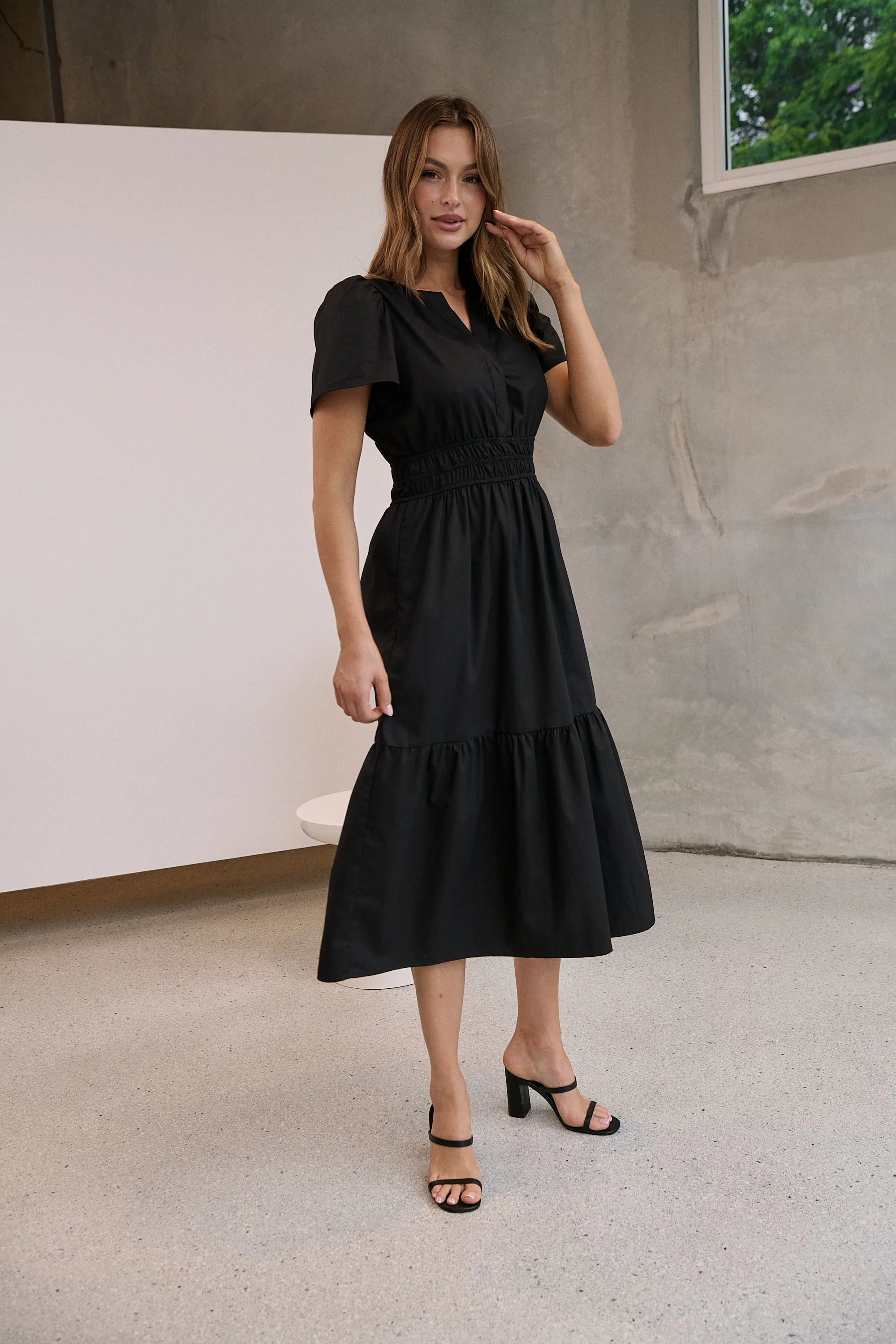 Cyrene Short Sleeve Collared Black Midi Dress