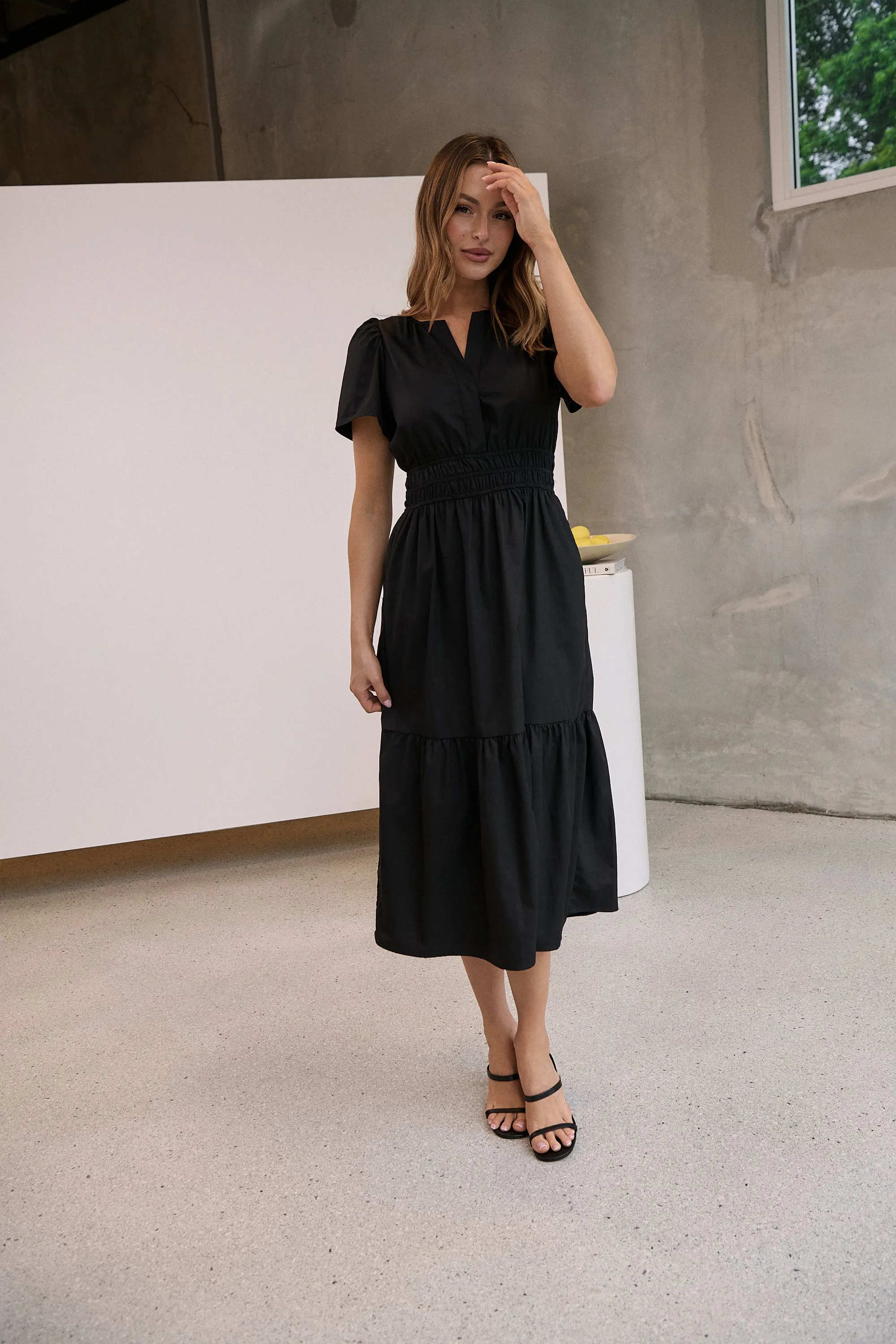 Cyrene Short Sleeve Collared Black Midi Dress