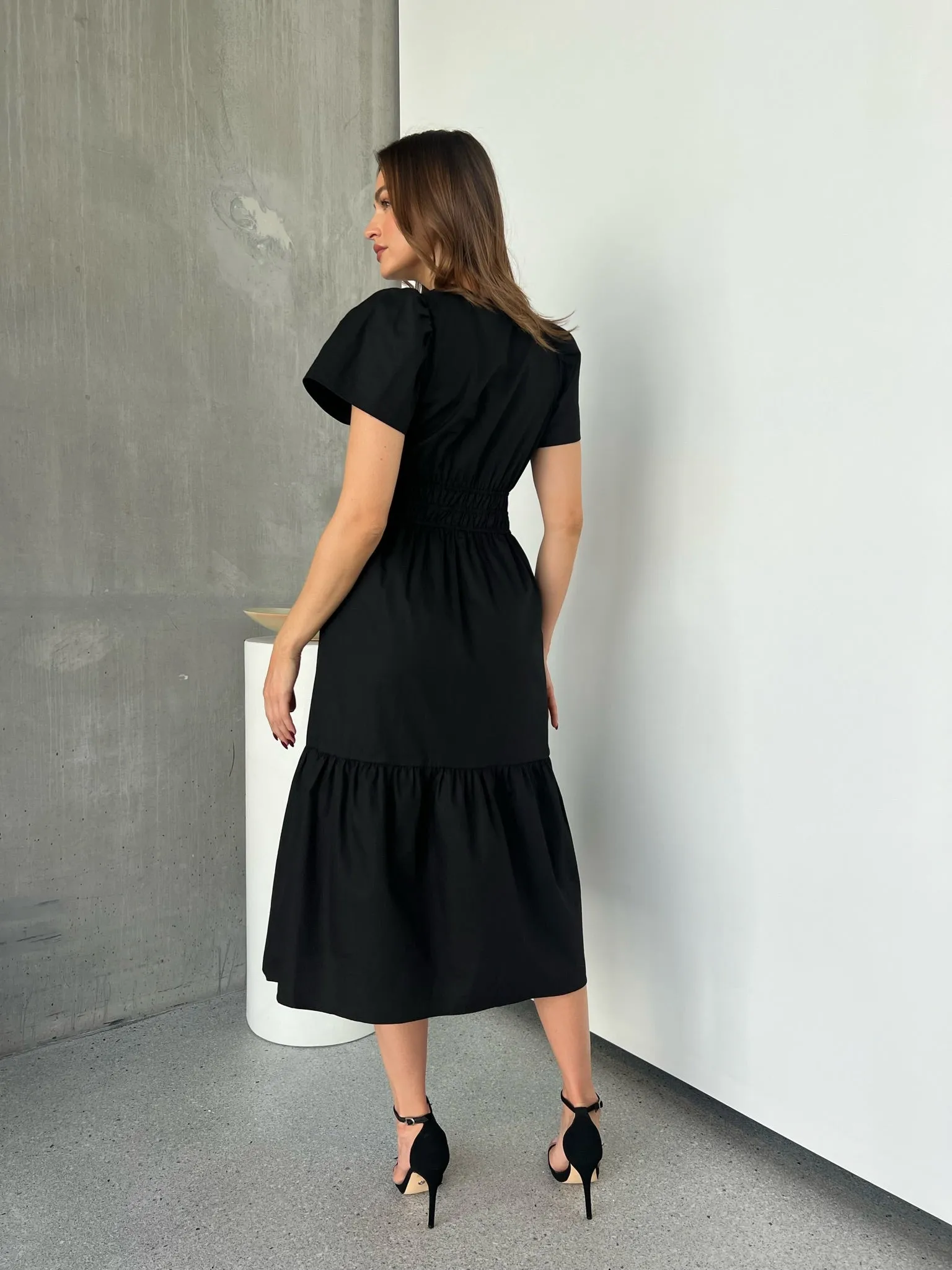 Cyrene Short Sleeve Collared Black Midi Dress