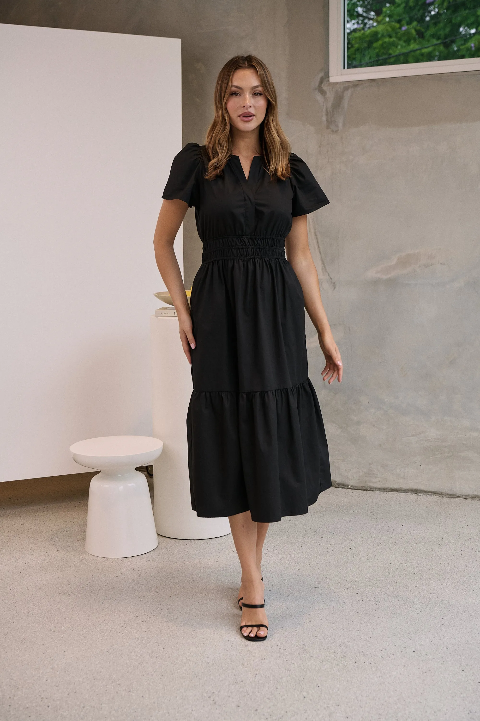 Cyrene Short Sleeve Collared Black Midi Dress