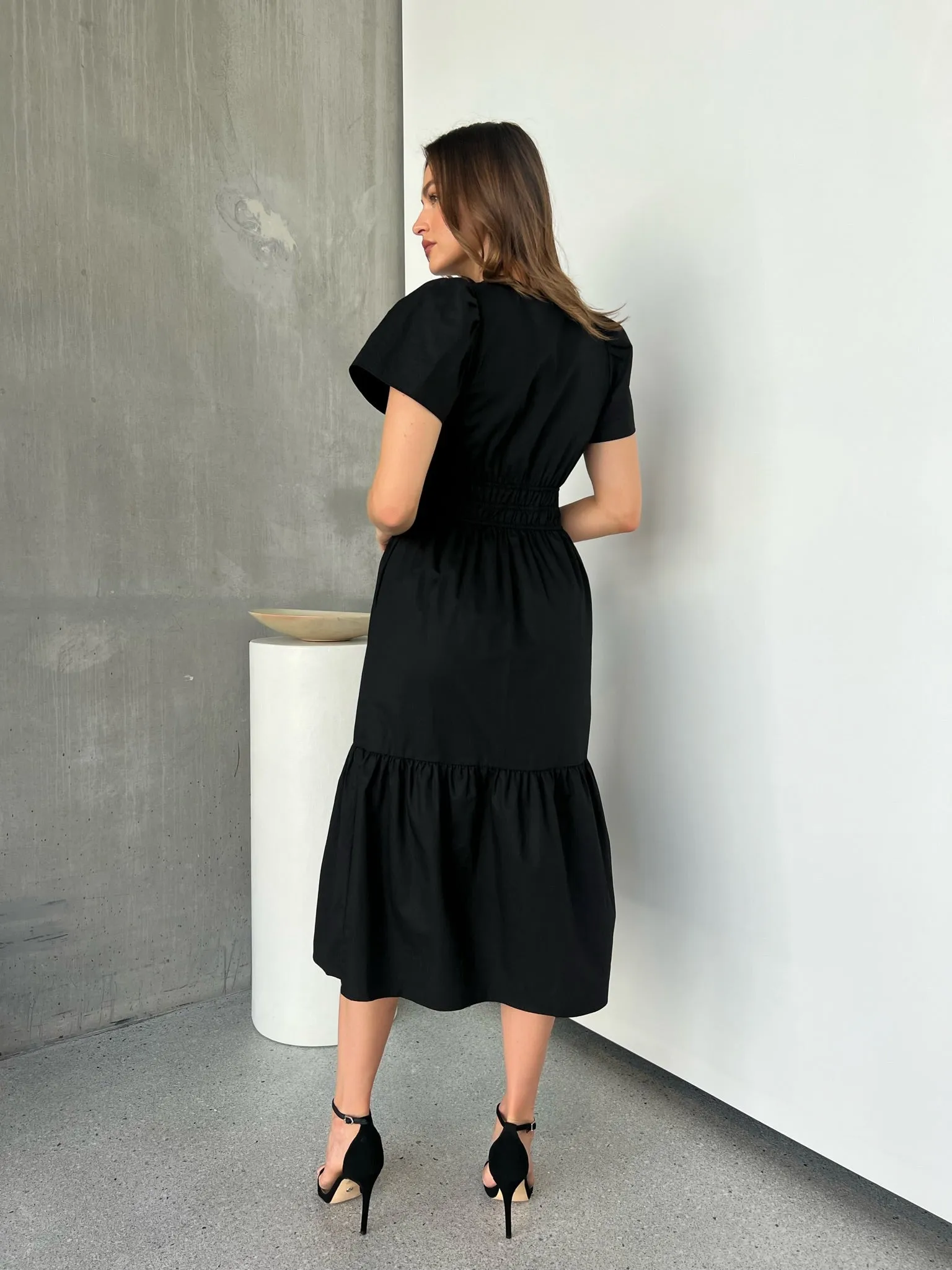 Cyrene Short Sleeve Collared Black Midi Dress