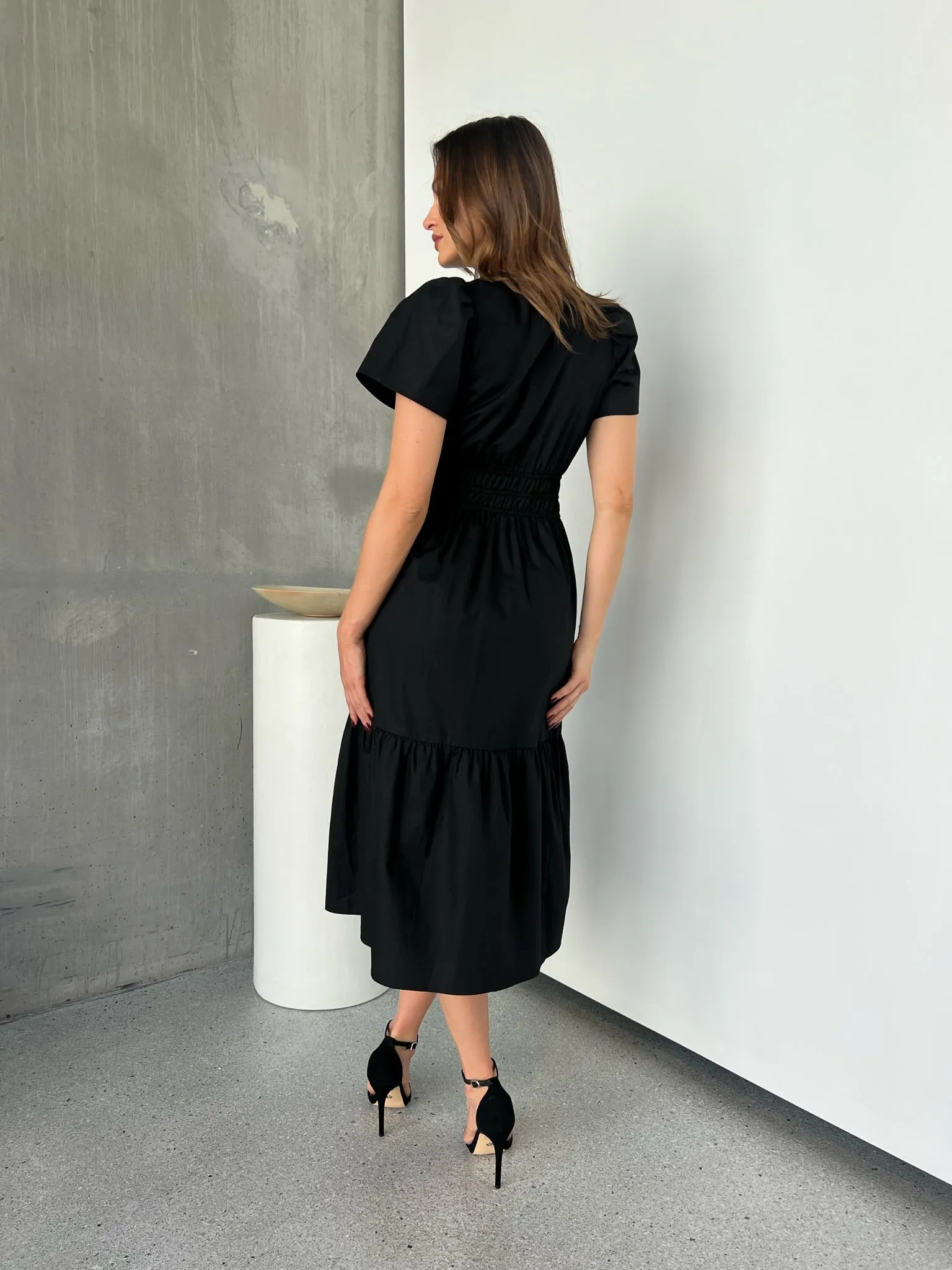 Cyrene Short Sleeve Collared Black Midi Dress