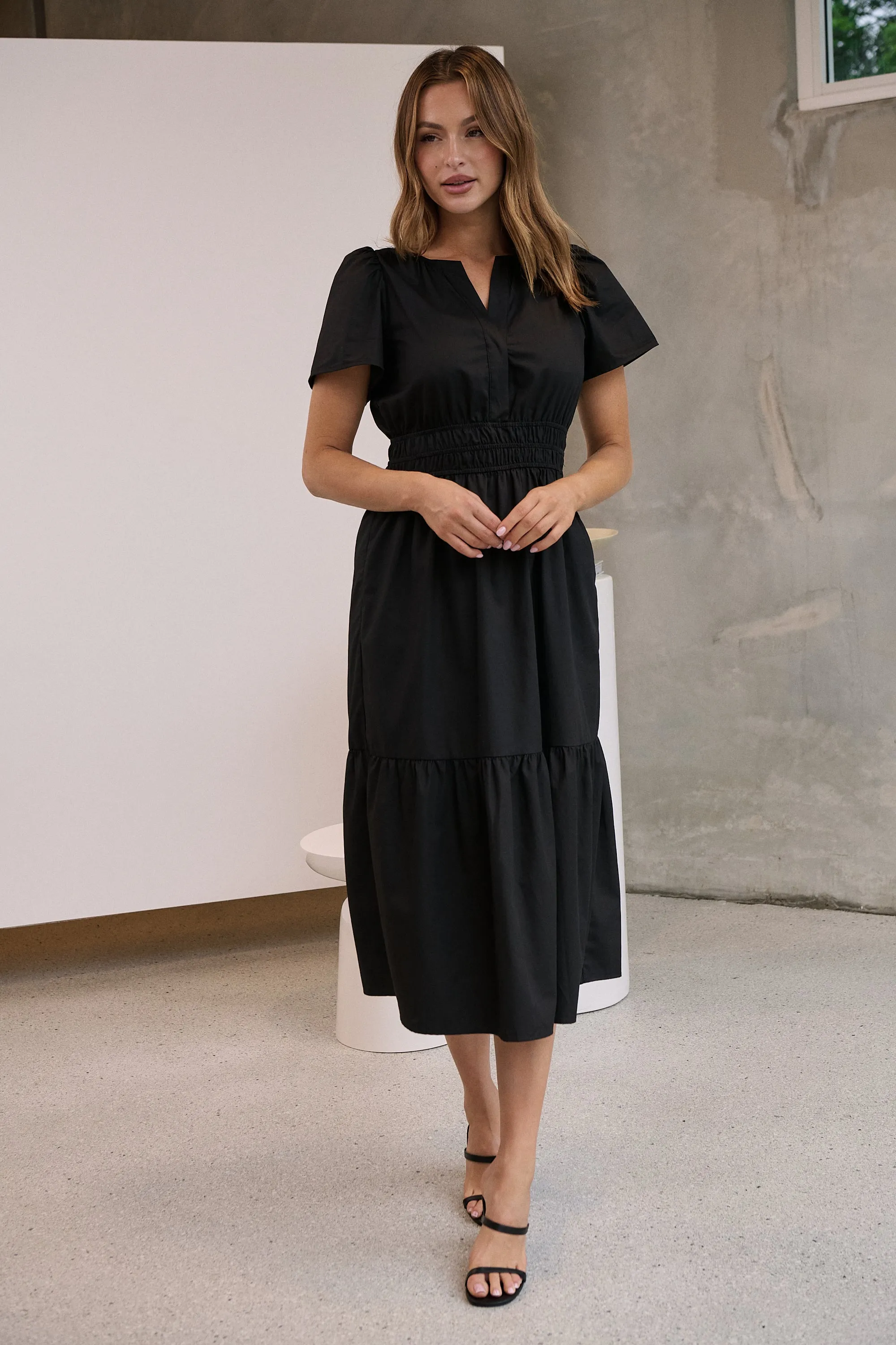 Cyrene Short Sleeve Collared Black Midi Dress