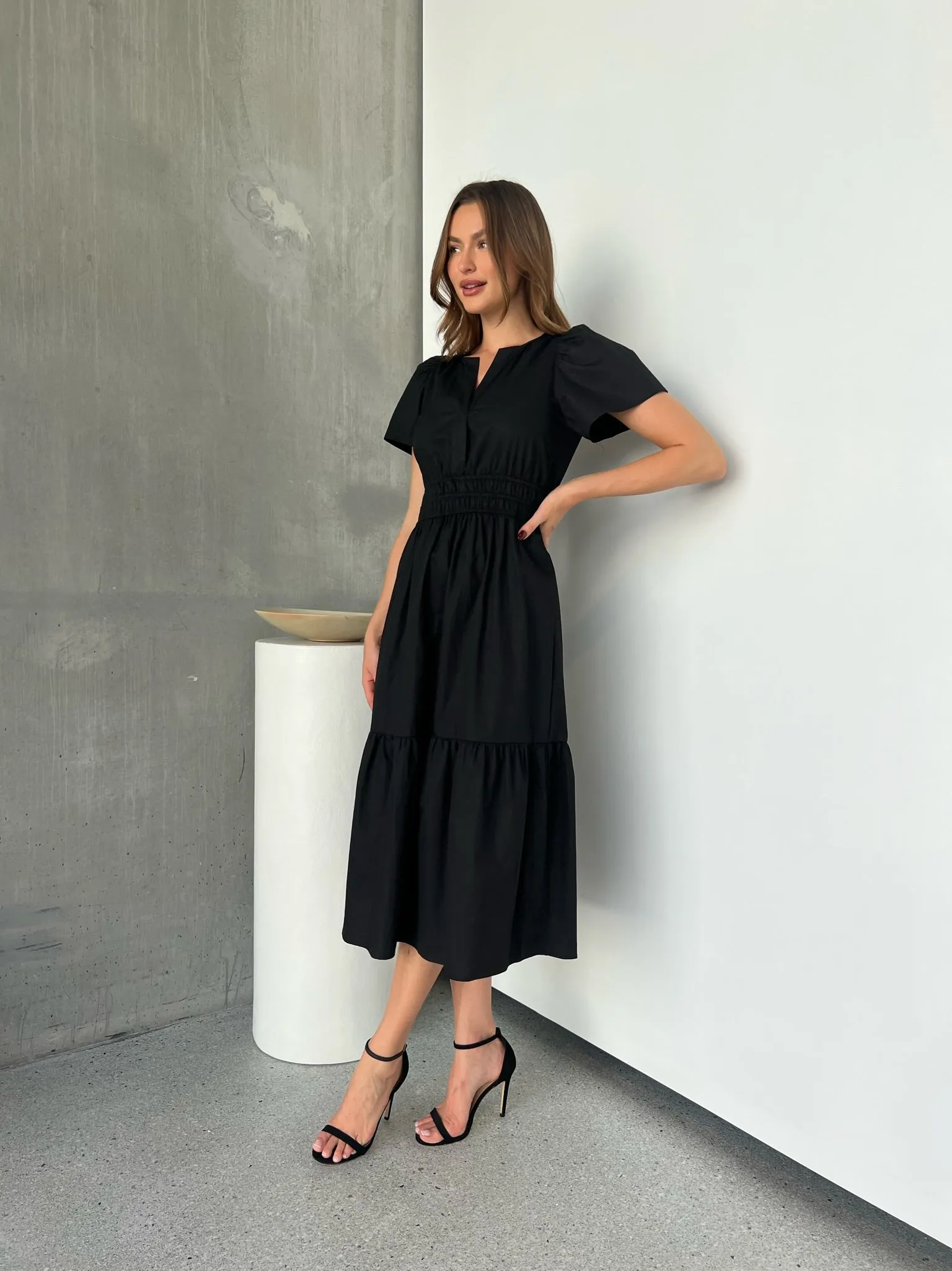 Cyrene Short Sleeve Collared Black Midi Dress