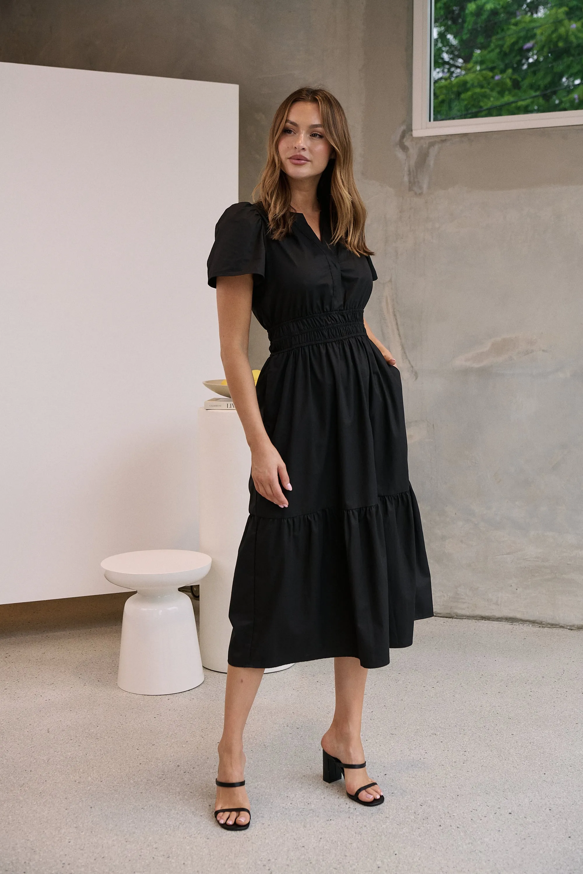 Cyrene Short Sleeve Collared Black Midi Dress