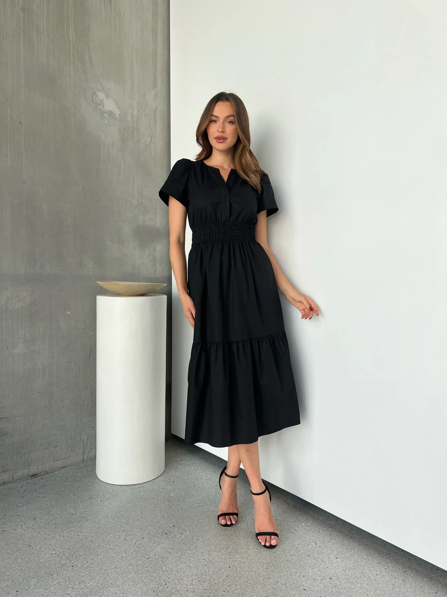 Cyrene Short Sleeve Collared Black Midi Dress