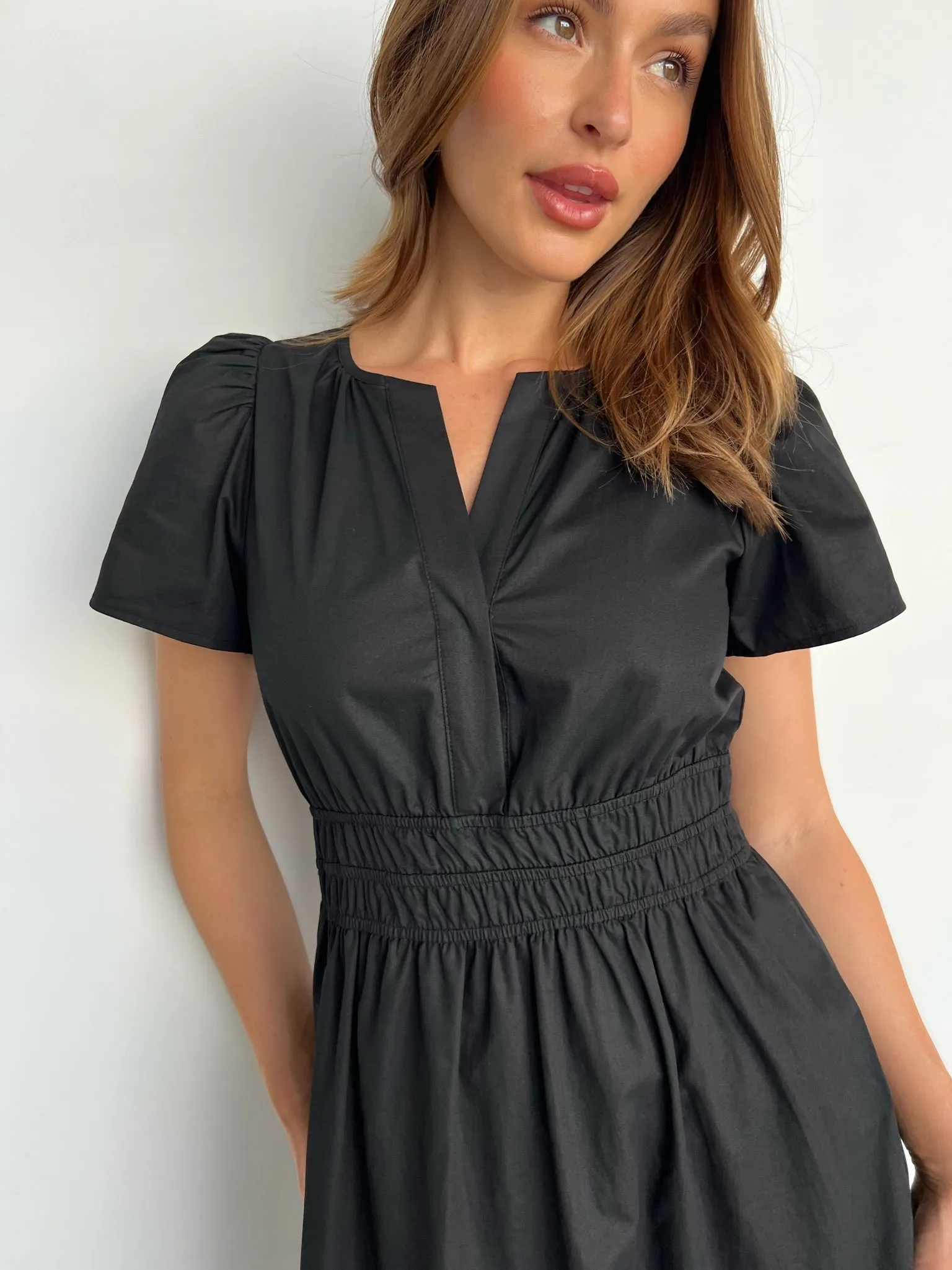 Cyrene Short Sleeve Collared Black Midi Dress