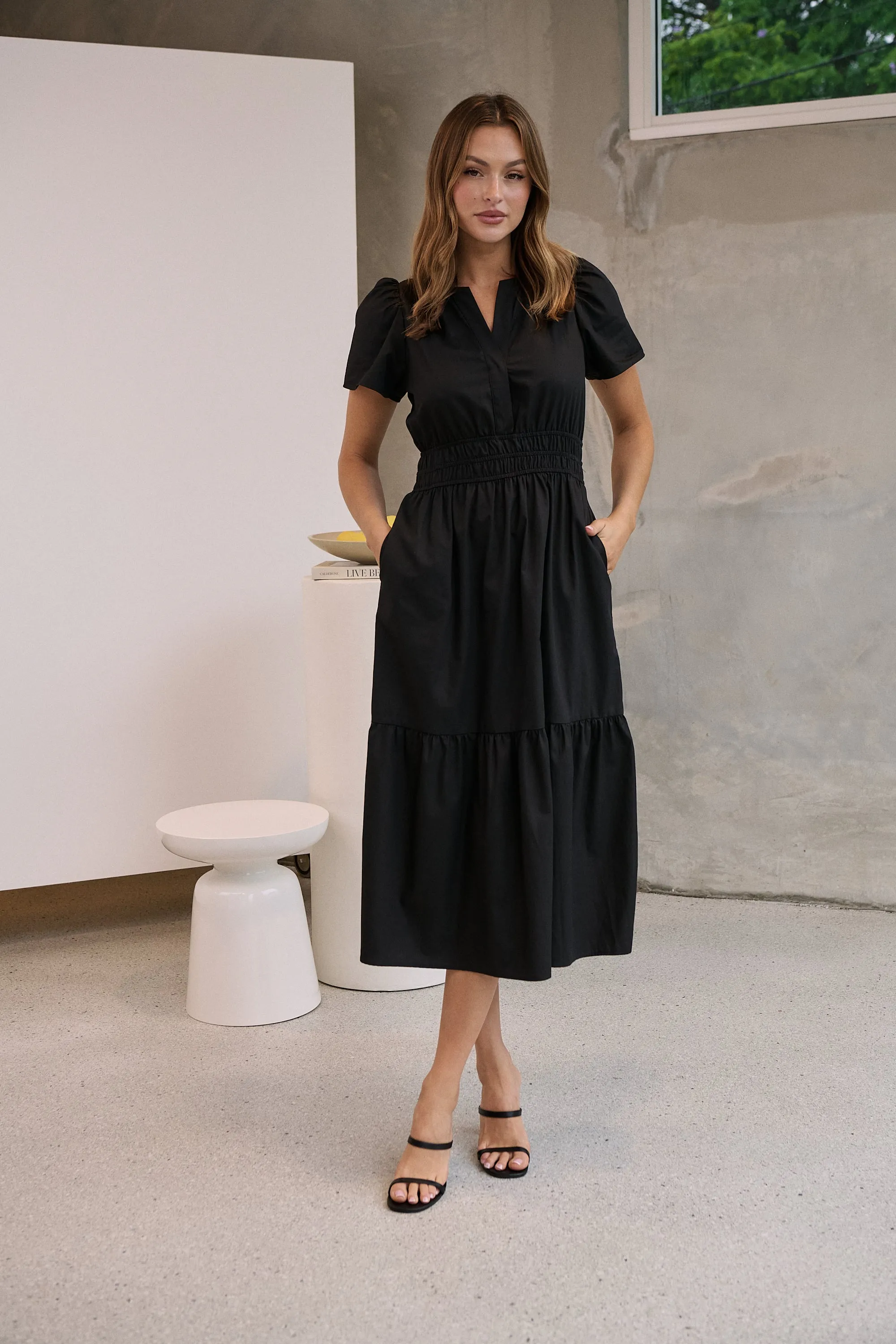 Cyrene Short Sleeve Collared Black Midi Dress