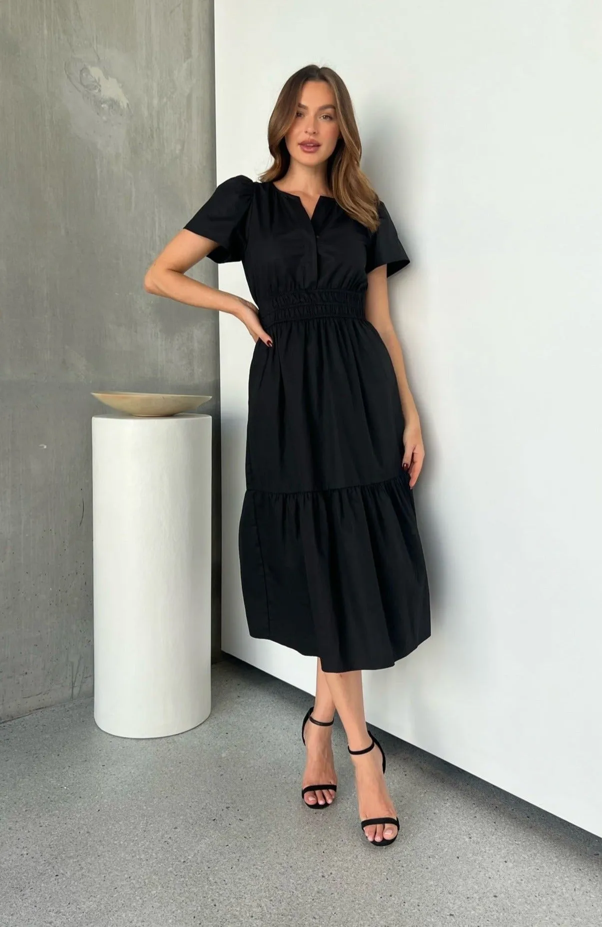 Cyrene Short Sleeve Collared Black Midi Dress