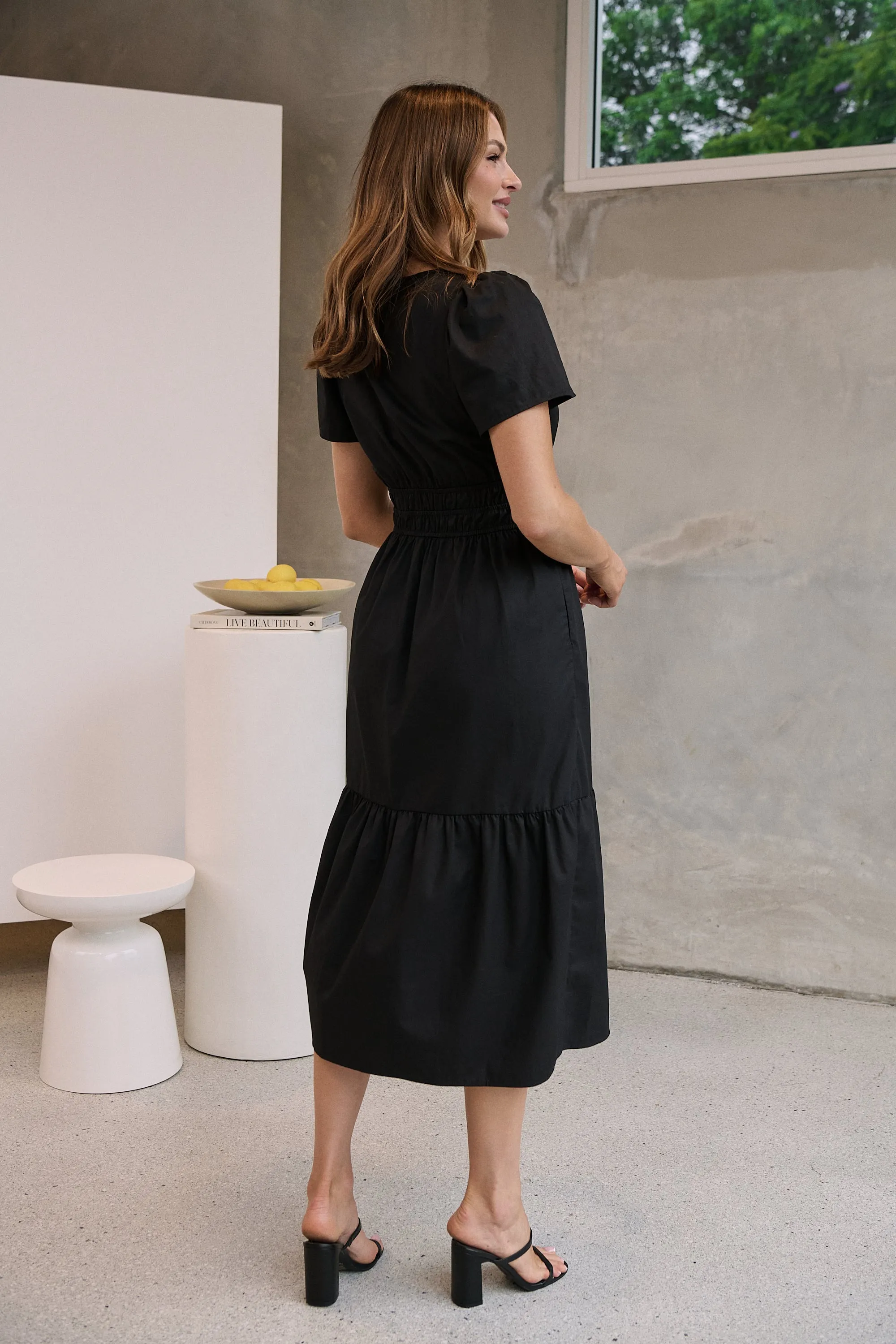 Cyrene Short Sleeve Collared Black Midi Dress