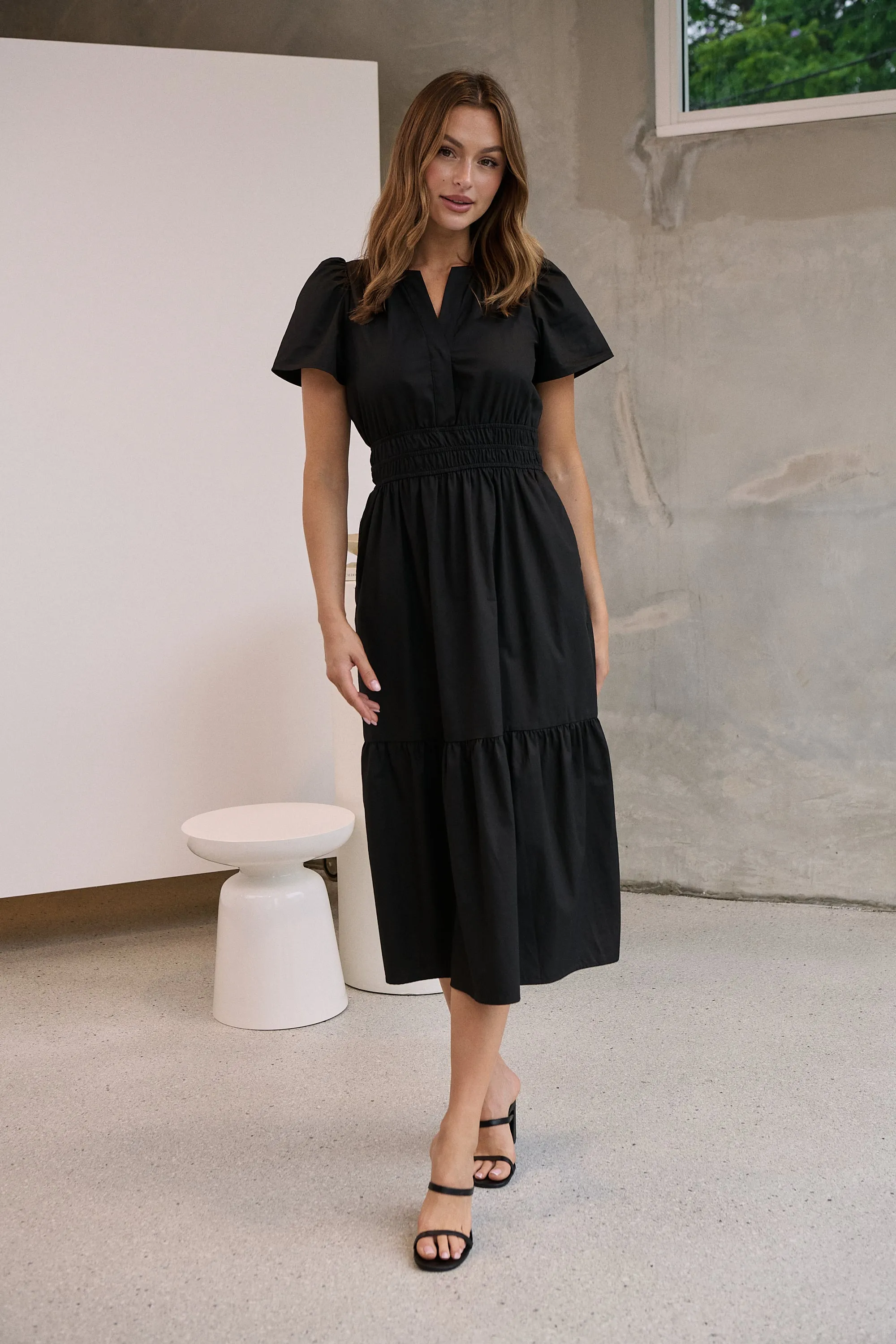 Cyrene Short Sleeve Collared Black Midi Dress