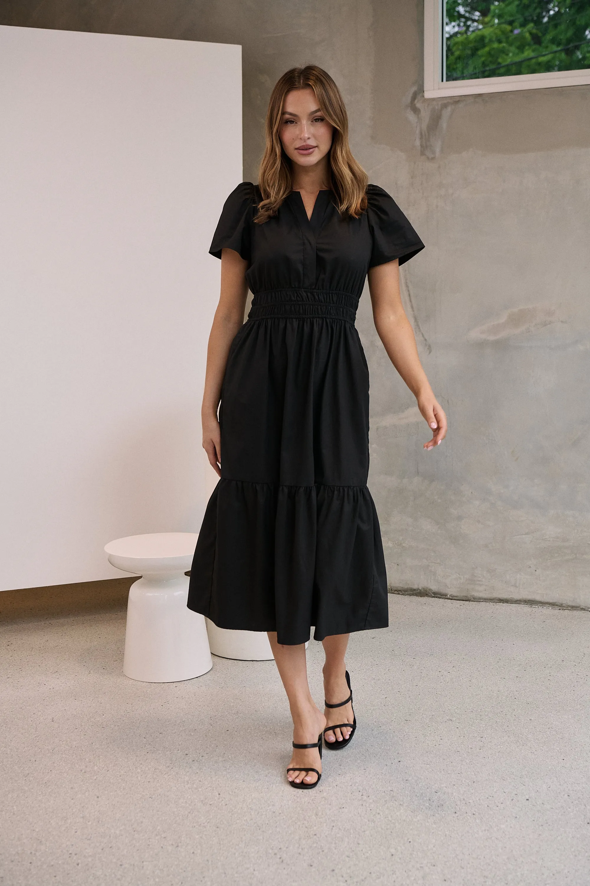 Cyrene Short Sleeve Collared Black Midi Dress