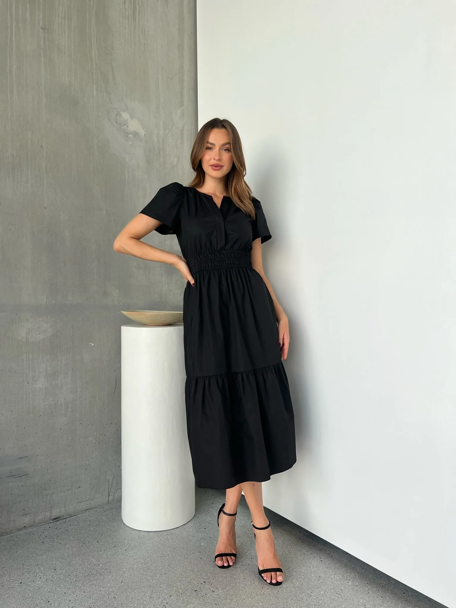 Cyrene Short Sleeve Collared Black Midi Dress