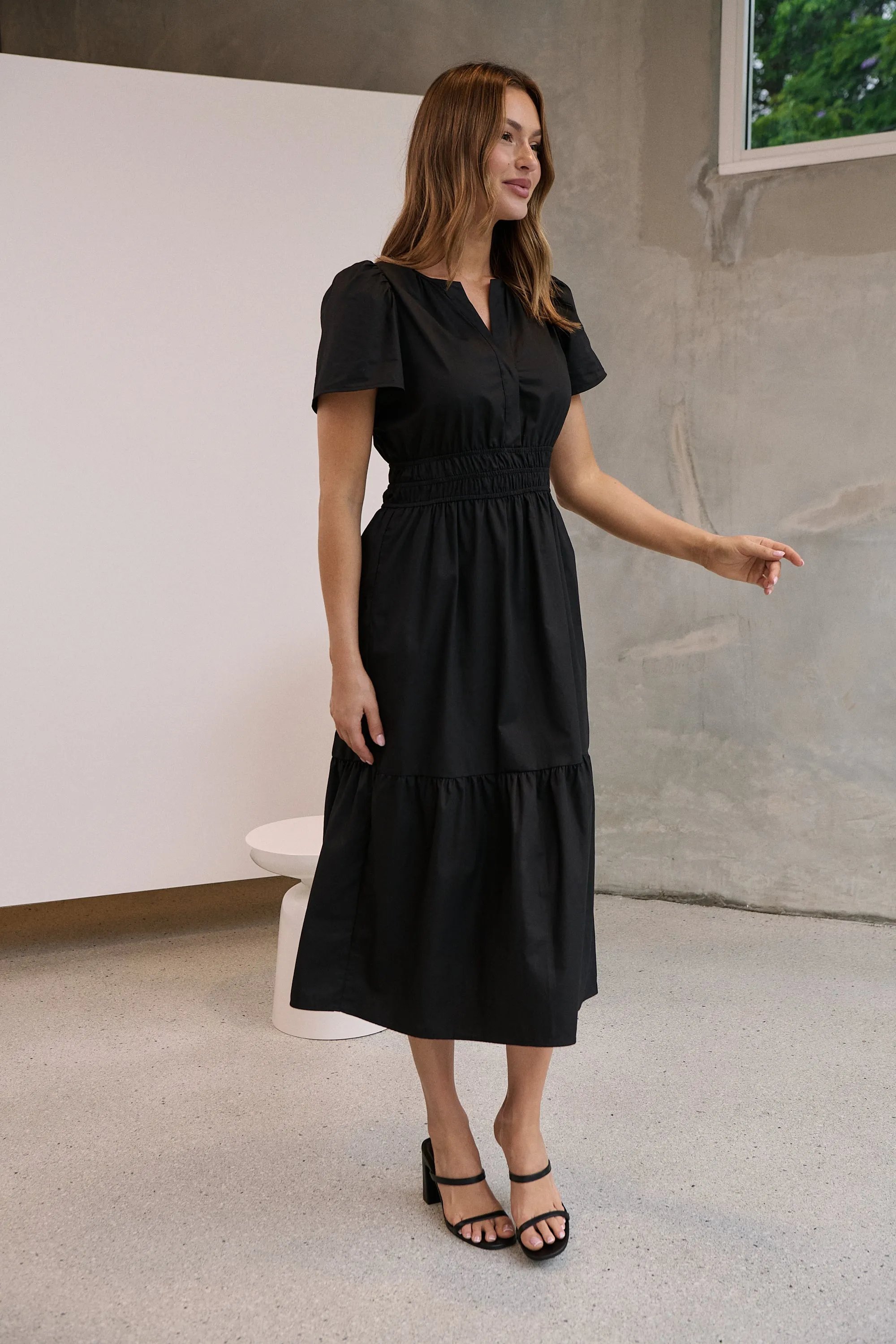 Cyrene Short Sleeve Collared Black Midi Dress