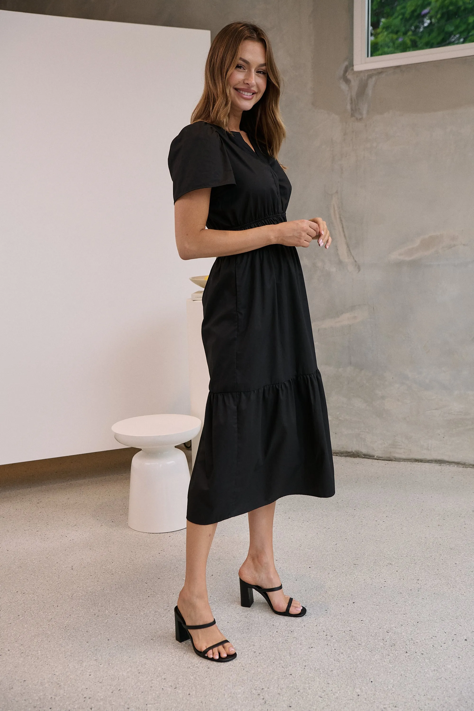 Cyrene Short Sleeve Collared Black Midi Dress