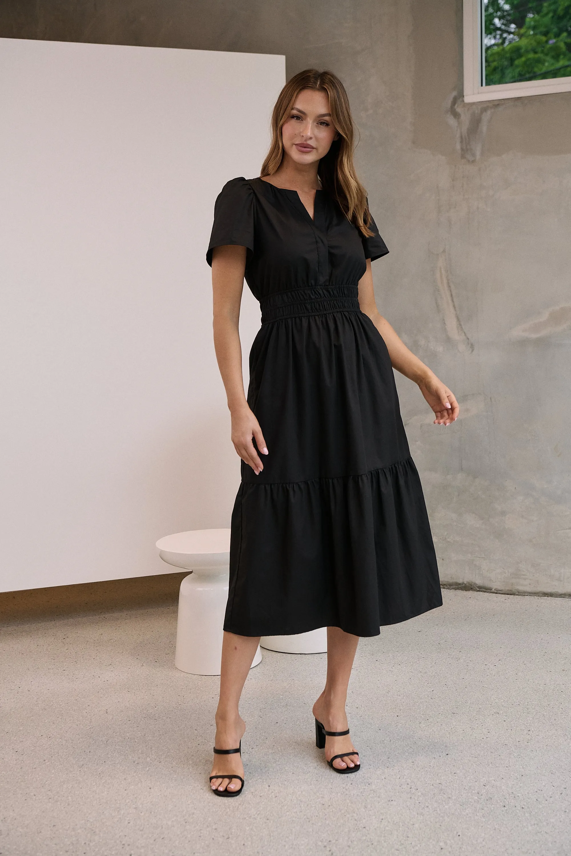 Cyrene Short Sleeve Collared Black Midi Dress