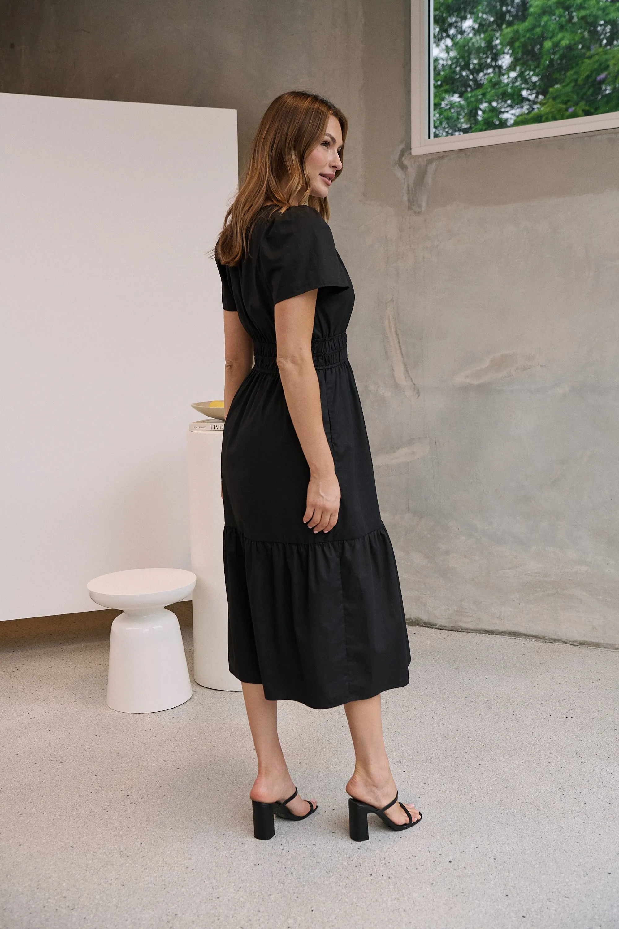 Cyrene Short Sleeve Collared Black Midi Dress