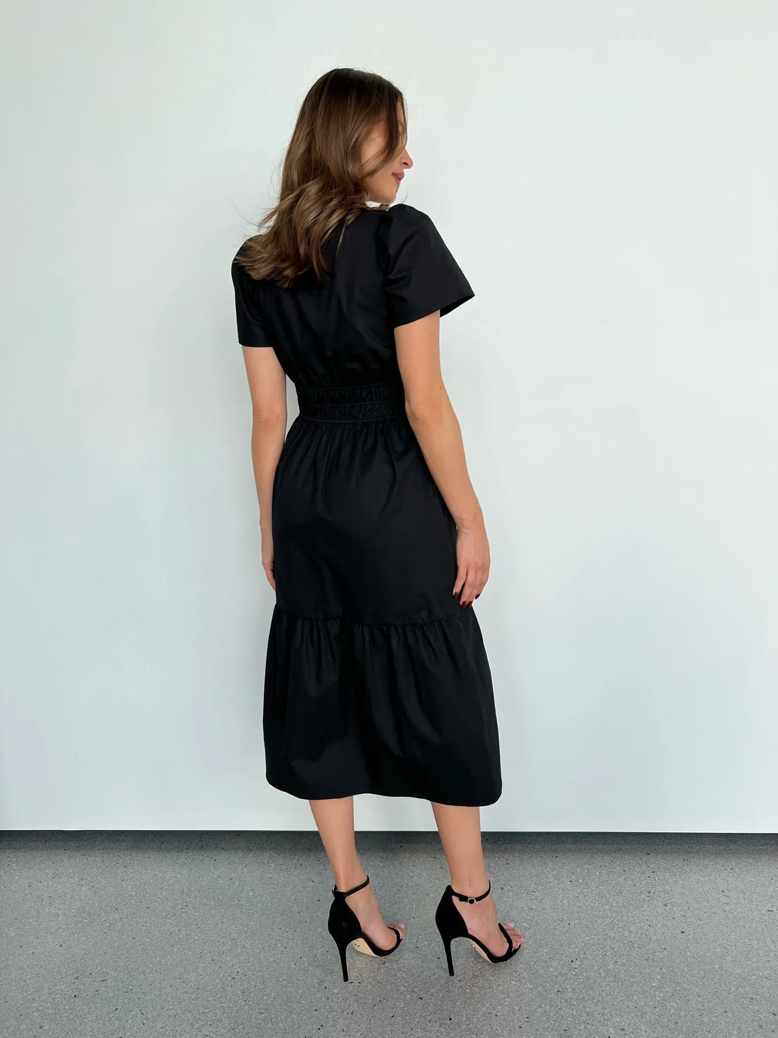 Cyrene Short Sleeve Collared Black Midi Dress