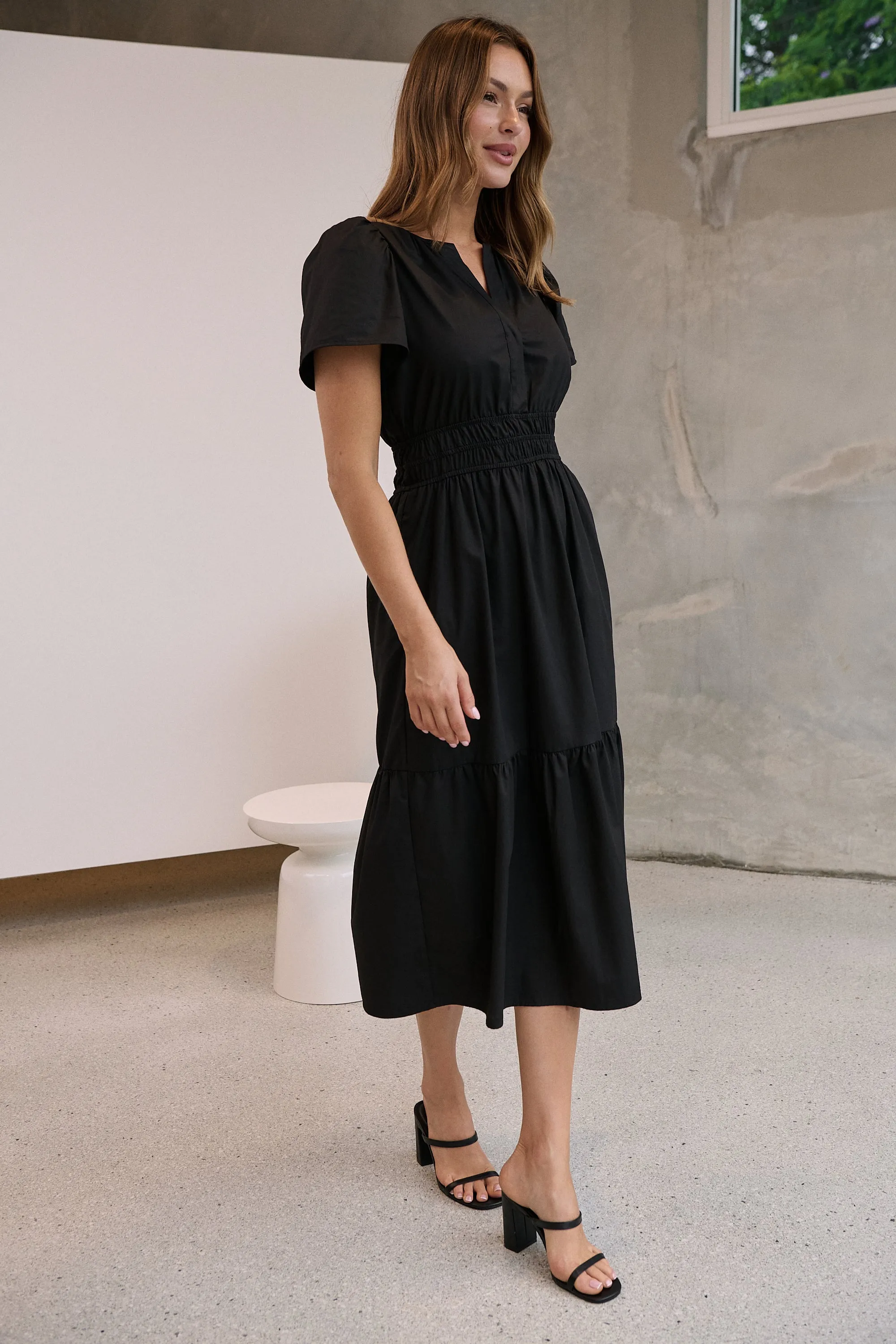 Cyrene Short Sleeve Collared Black Midi Dress