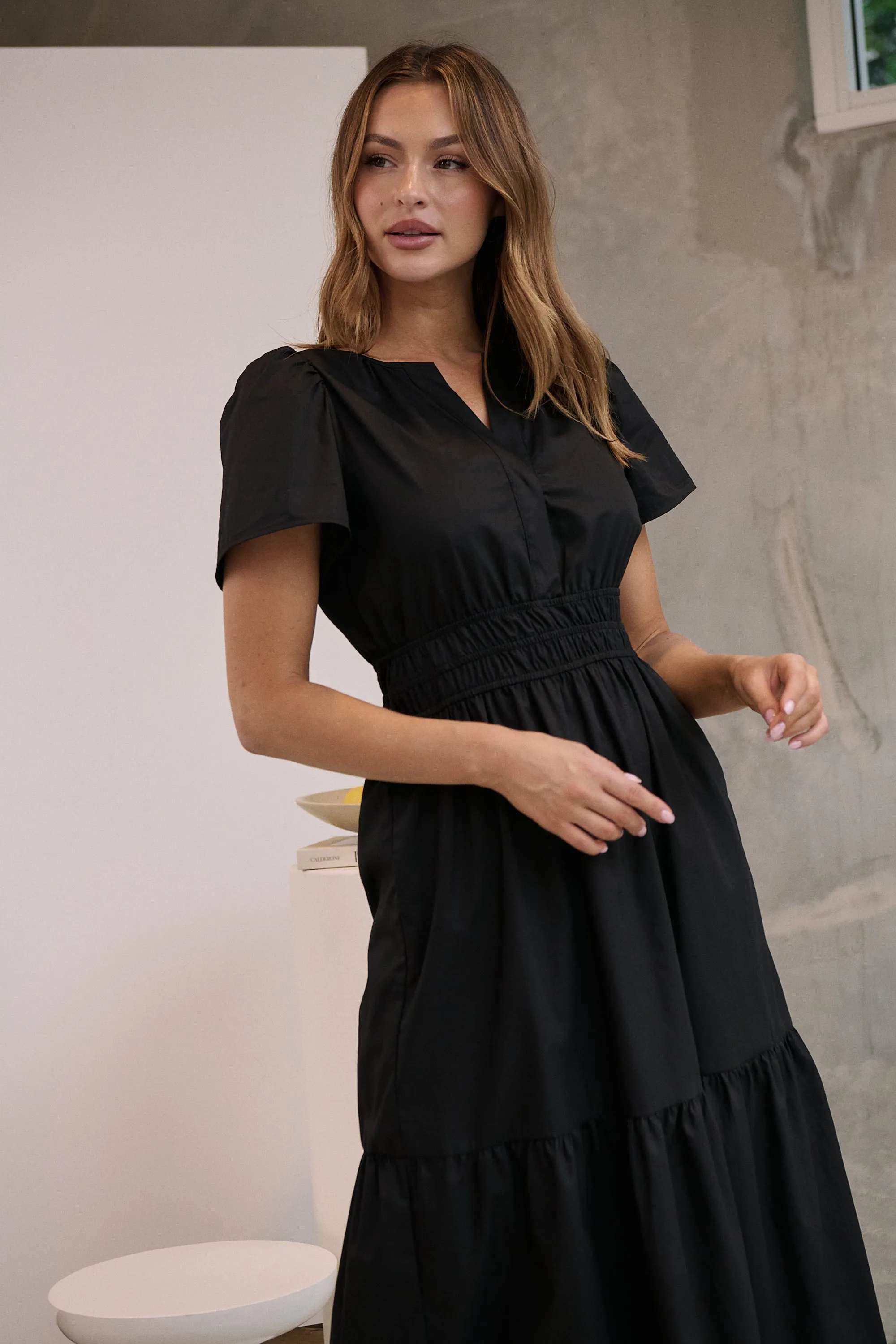 Cyrene Short Sleeve Collared Black Midi Dress