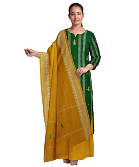 Dark green yellow handwoven cotton nuapatna dress material