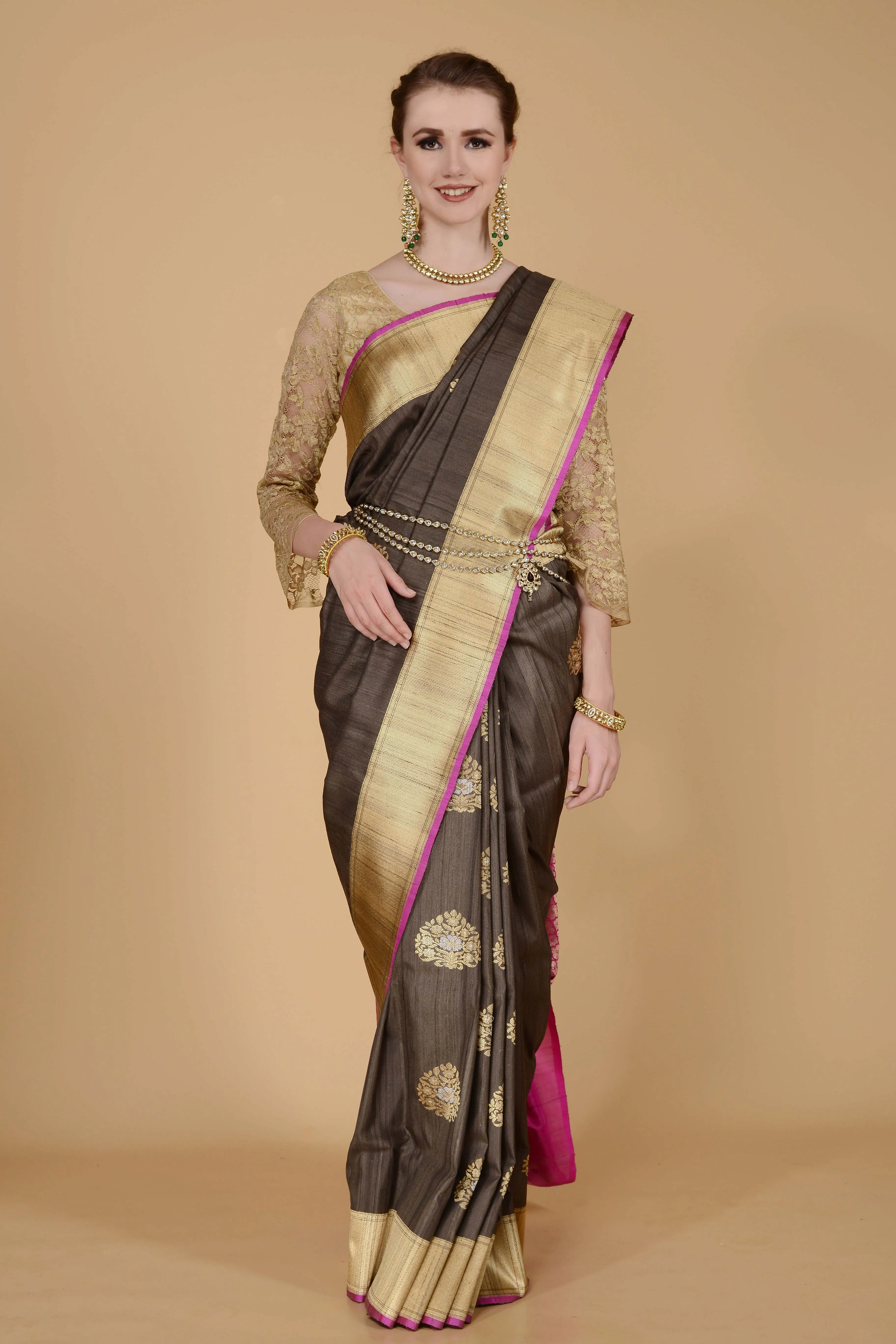 Dark Olive Green with Pink Border Saree