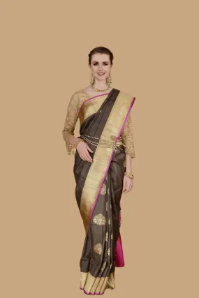 Dark Olive Green with Pink Border Saree