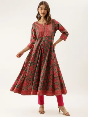 Divena Green Floral Printed Flared Kurta Dress for Women