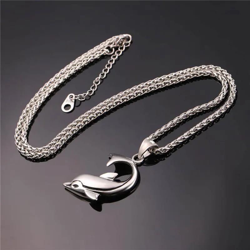 Dolphin Pendant Chain Necklace in Black Gold or Silver