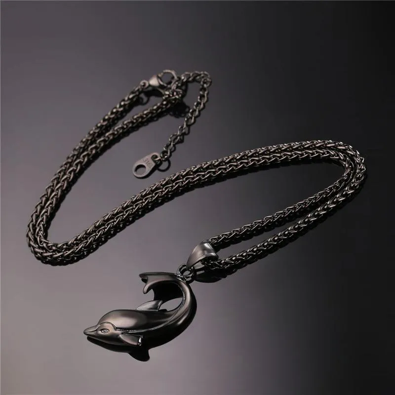 Dolphin Pendant Chain Necklace in Black Gold or Silver