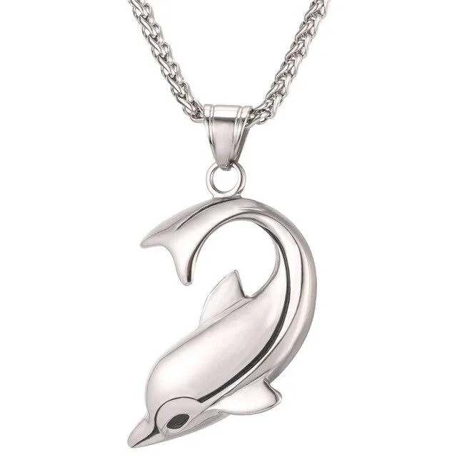 Dolphin Pendant Chain Necklace in Black Gold or Silver