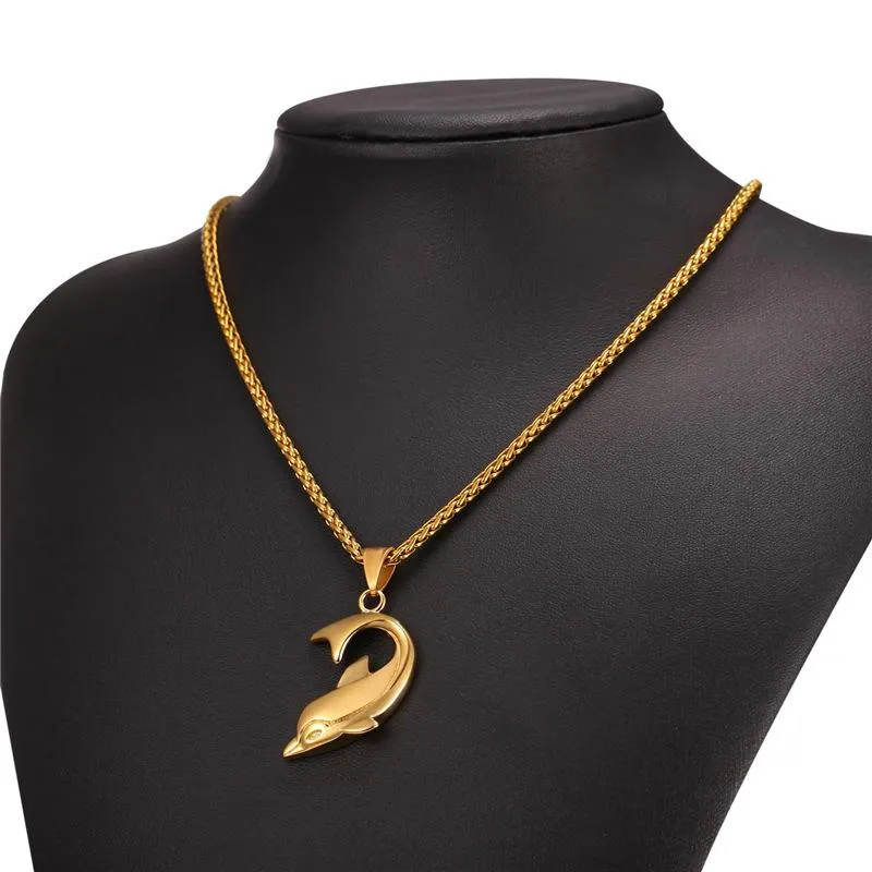 Dolphin Pendant Chain Necklace in Black Gold or Silver