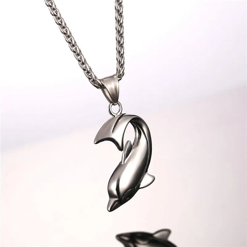 Dolphin Pendant Chain Necklace in Black Gold or Silver