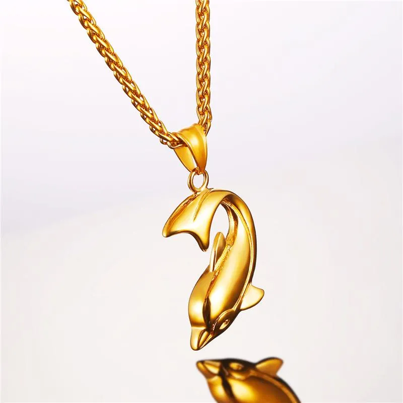 Dolphin Pendant Chain Necklace in Black Gold or Silver