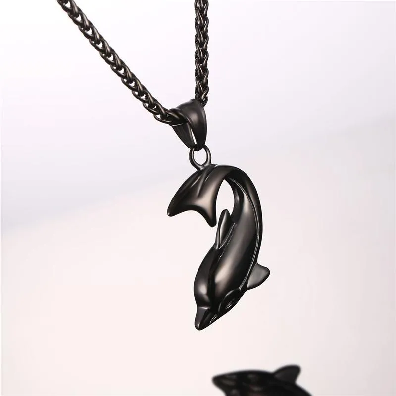 Dolphin Pendant Chain Necklace in Black Gold or Silver