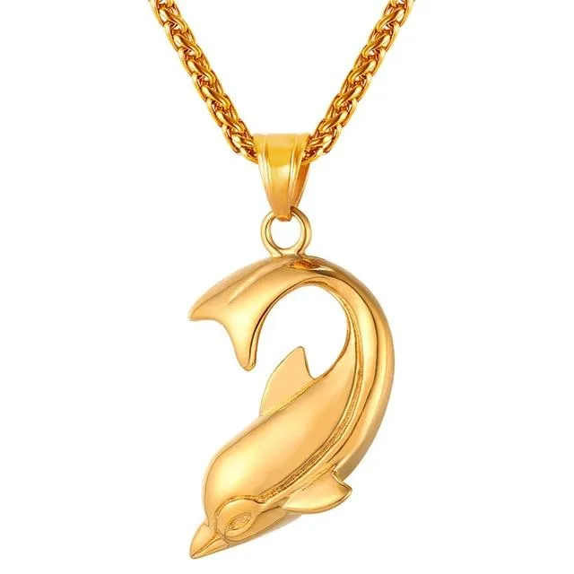 Dolphin Pendant Chain Necklace in Black Gold or Silver