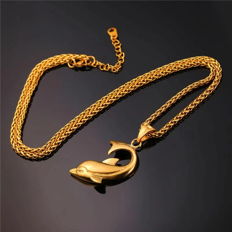 Dolphin Pendant Chain Necklace in Black Gold or Silver