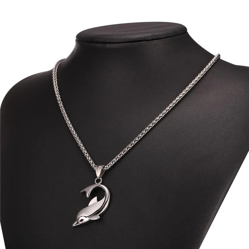 Dolphin Pendant Chain Necklace in Black Gold or Silver