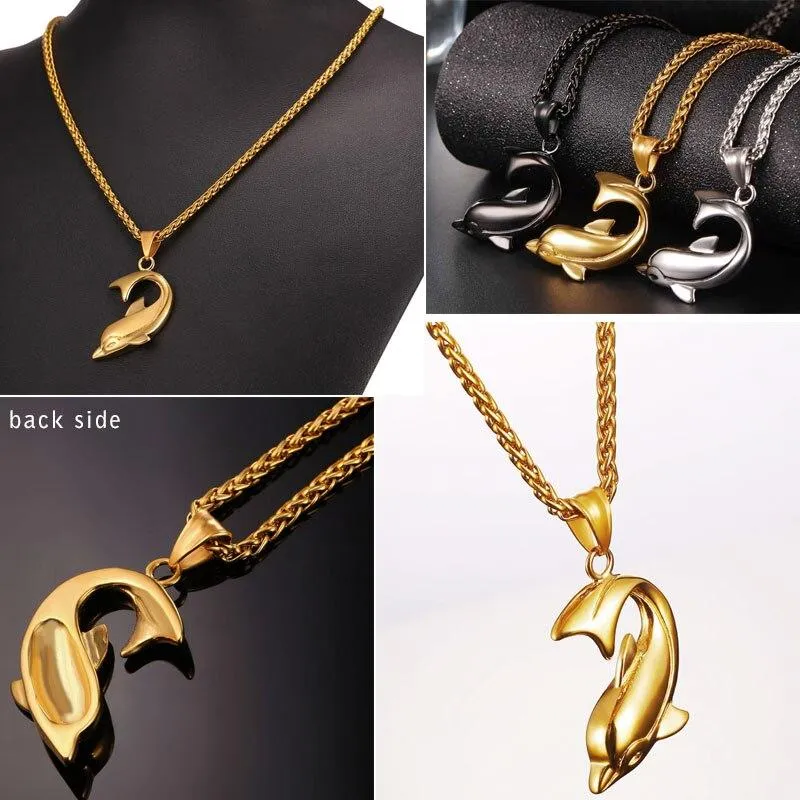 Dolphin Pendant Chain Necklace in Black Gold or Silver