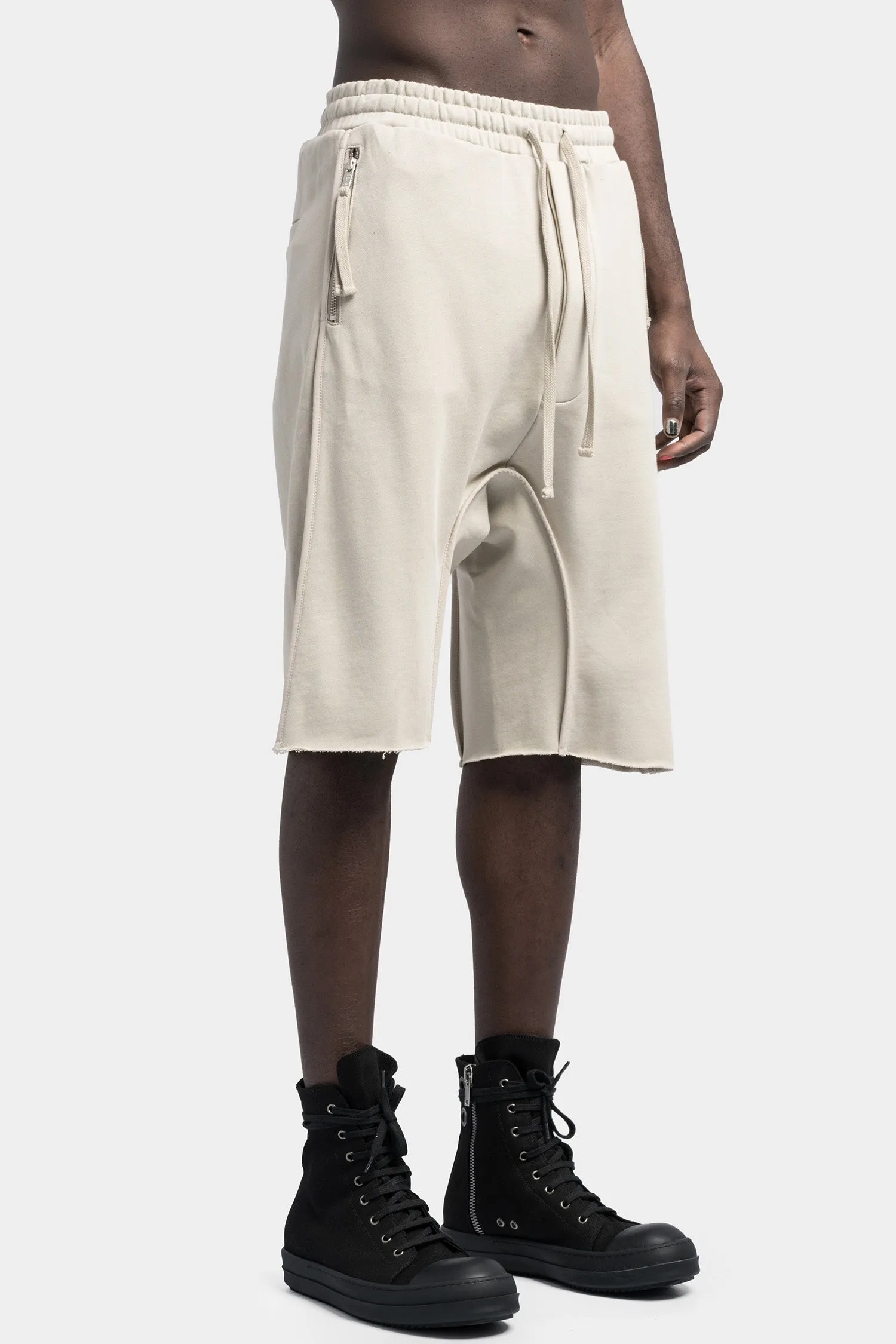 Drop crotch cotton sweat shorts, Sand shell