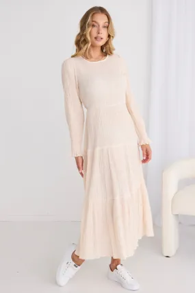 Effortless Ecru LS Shirred Tiered Midi Dress